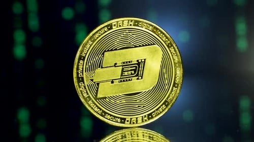 Shining Golden Dash-Coin On A Mirroring Ground With Futuristc Green Matrix In The Background. DASH.