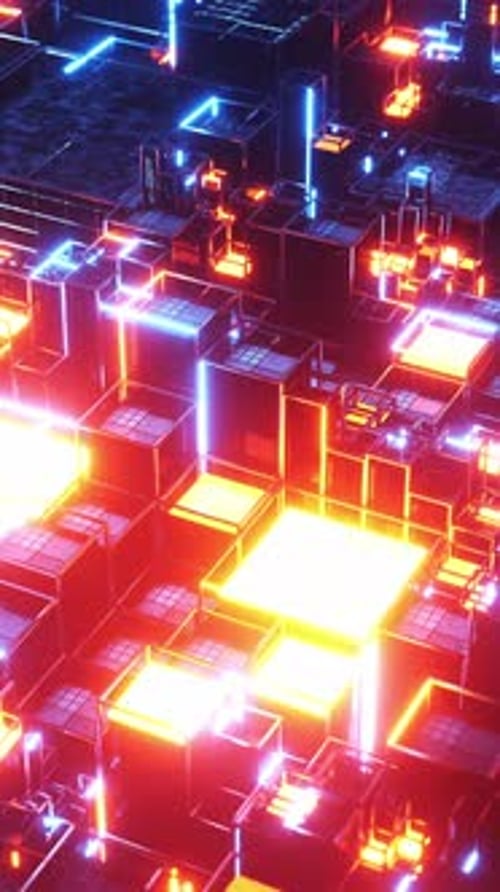 Pixel city in an illuminated space. Vertical looped video