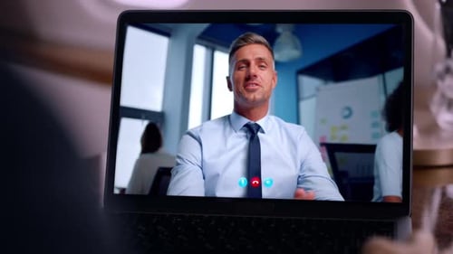 Boss Speaking Online Interview Using Laptop Video Call Close Up Ceo Talking