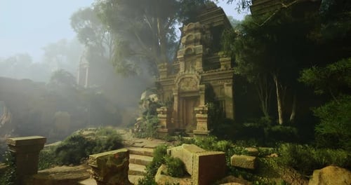 Mysterious Ancient Ruins Surrounded By Lush Greenery in a Dense Forest