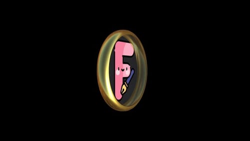 Stylized Pink Letter F Golden Badge Spin Animation