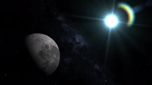 Spinning Moon planet sphere galaxy in space with solar system, Amazing Sunrise Over The Moon. 1988