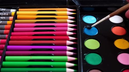 Colorful Rainbow Paints and Pencils A School Set of Paints and Pencils for Education Paints and