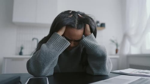 Tired Black Woman in Home Workplace Working Day of Freelancer Portrait Unhappy Exhausted Lady