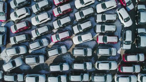 Aerial Top Down View of New Cars Parked in Car Parking Lot Car Dealer Parking Lot Full of New