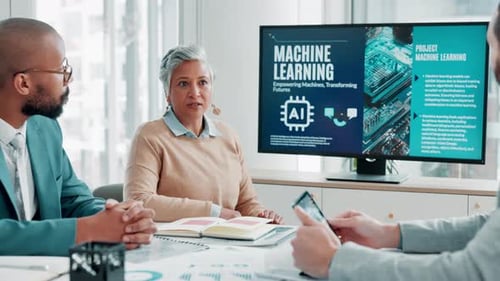 Ai, business woman and presentation on screen in meeting for coaching in office