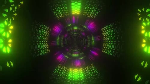 Lebendiger Neontunnel mit geometrischen Mustern und pulsierenden Lichteffekten