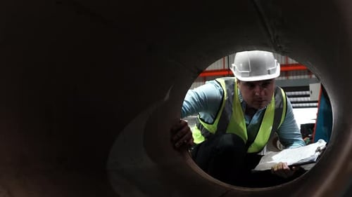 Engineer Inspecting Pipe in Factory Warehouse