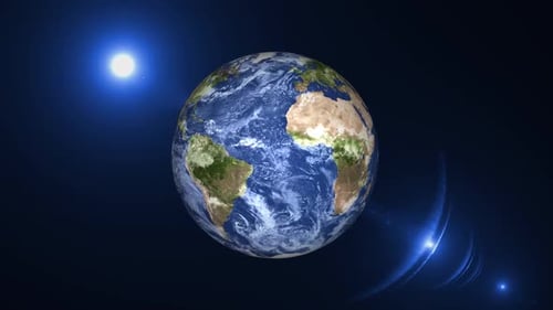 Rotating Earth in Space with Sun and Lens Flare
