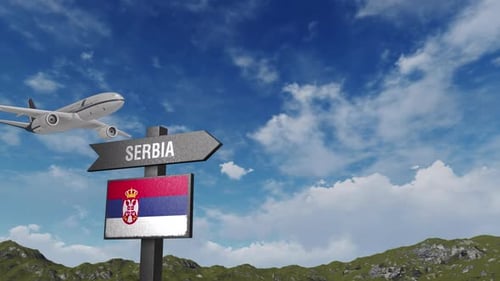Serbia Flag With Airplane And Arrow Sign