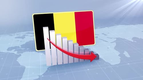 Belgium Flag With Decrease Bar Chart Graph And Arrow Red