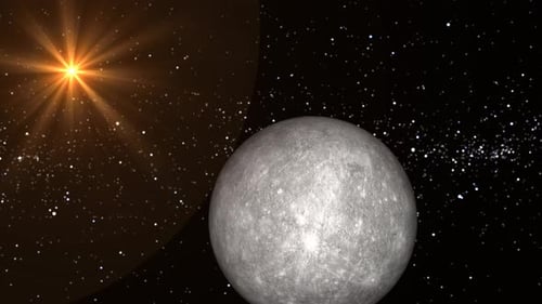 Rotierende Kugelgalaxie des Quecksilberplaneten im Weltraum mit Sonnensystem. Video zu Wissenschaft und Technologie. 1449