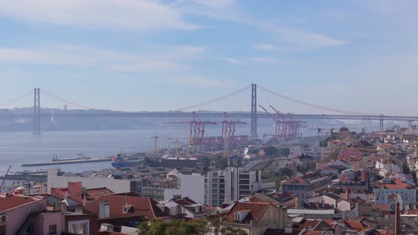 Port cranes along Tagus River below Suspension Bridge in Lisbon ...