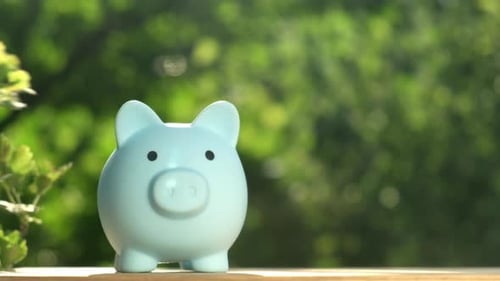 Hand Put Coin Into Piggy Bank on Green Nature Background