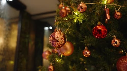 Close Up of Shiny Red Christmas Ornaments on Tree Branches with Golden Bokeh Lights Indoors, Side
