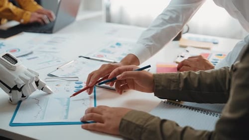 A futuristic office where AI-driven analytics tools support financial decision-making and optimize m