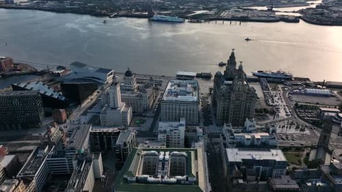 Aerial view of Liverpool England skyline and landmarks along shore