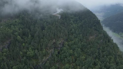 Flying towards Stegestein viewpoint in Aurland, Vestern Norway. Drone footage