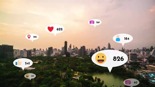 Social Media Icons Fly Over City Downtown Showing People Reciprocity Connection