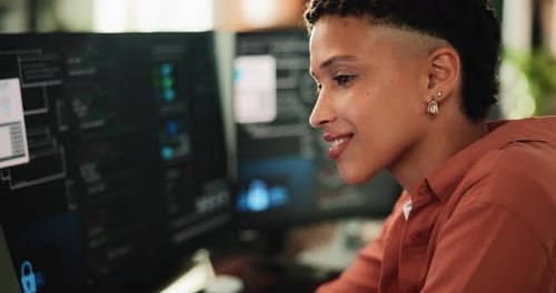 Programmer, reading and woman with computer screen in office for web development, solution or idea