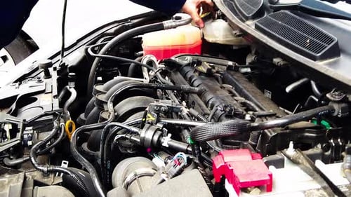 Engine Bay being Inspected by Hand