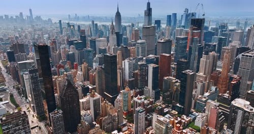 Dense diverse architecture of New York downtown. Wonderful skyscrapers from aerial perspective.