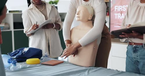 People, hands or dummy for first aid lesson for rescue safety, demonstration class or education