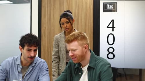 Female Manager Collaborating with Male Colleagues in Office Meeting
