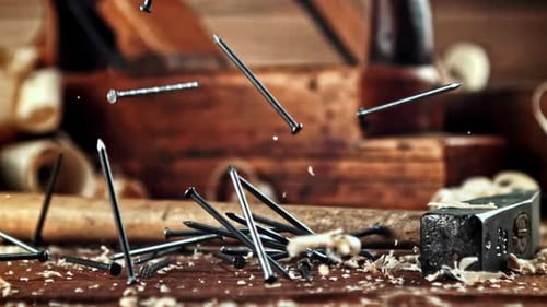 Super Slow Motion a Bunch of Nails Fall on the Table
