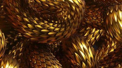3d looping animation, abstract fantasy background with wavy tangled golden snakes moving