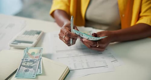 Woman, hands and calculator with cash for finance, counting money or audit above in home