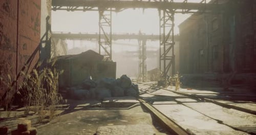 Grungy Abandoned Industrial Railway with Sunlight and Dust