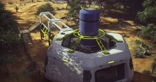 Futuristic Mobile Habitat in a Remote Desert Landscape with Solar Energy
