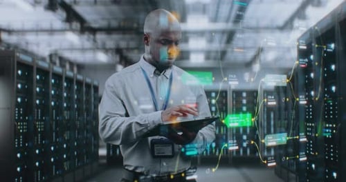 Futuristic Big Data Center with VFX Administrator Using Digital Tablet