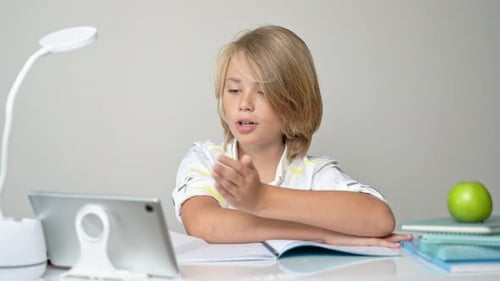 Middle School Smiling Student Boy Sitting at Desk Remote Studying Writing Book Homework and Tablet