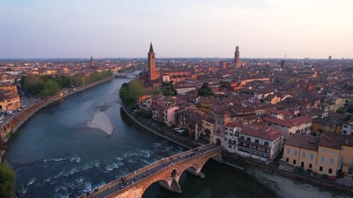 Verona most famous bridge. Aerial dolly out