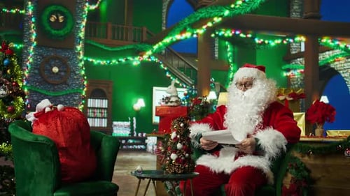 Santa Claus reading letters in decorated holiday room