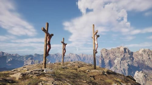 Three Crucified Figures on a Rocky Hill