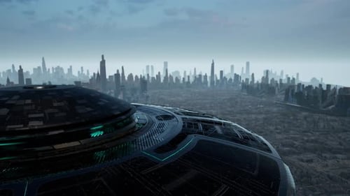 Riesige fliegende UFO-Untertasse schwebt über einer futuristischen Stadtsilhouette mit Wolkenkratzern