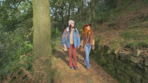 Beautiful young women strolling along sunny English woodland path on autumn day. Half speed slow mot