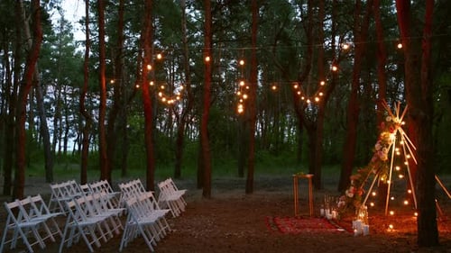 Festive String Lights Illumination on Boho Tipi Arch Decor on Outdoor Wedding Ceremony Venue in Pine