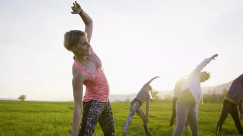 People exercise together in grassy field on sunny day