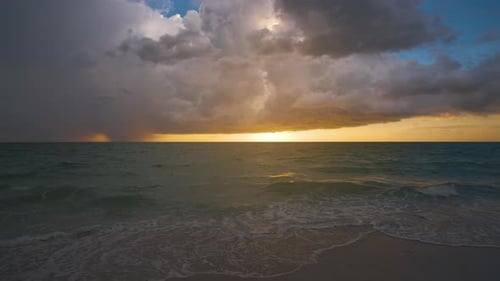 Sunset Landscape of Sea Water Waves Crushing on Sandy Beach Beautiful Seascape in Evening