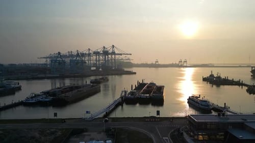 Drone over Port of Rotterdam, largest seaport in Europe, Netherlands