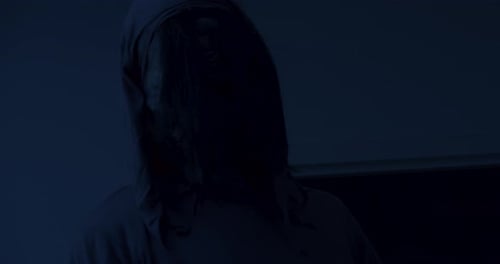 Close up of frighnting demonwith long hair revealing it's face