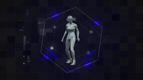 Frau mit VR-Headset steht im futuristischen blauen Neonlicht-Hexagon