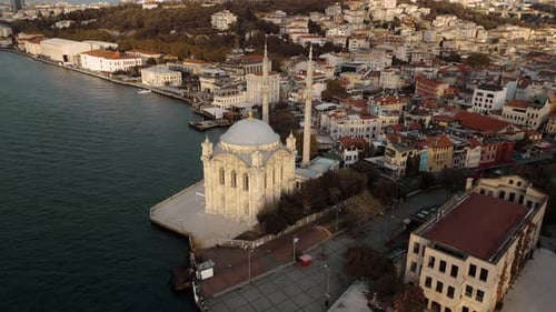 Aerial drone footage of Ortaköy Mosque in Istanbul, Turkey.