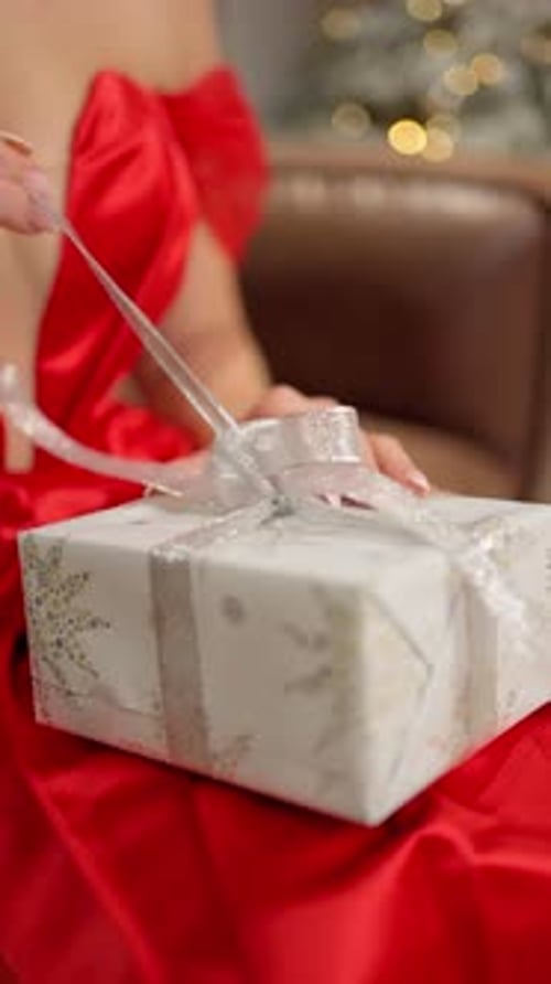 Woman in Red Dress Opens Christmas Gift