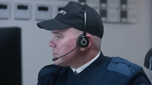Security Guard Wearing Headset Working at Computer
