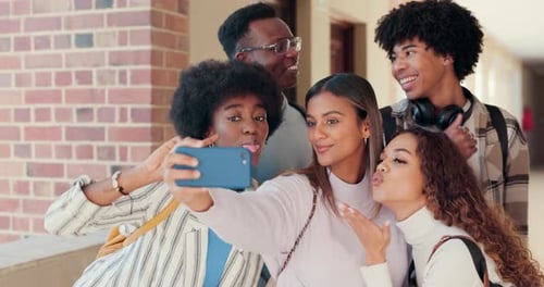 Students, group and college friends selfie together for education, learning and social media